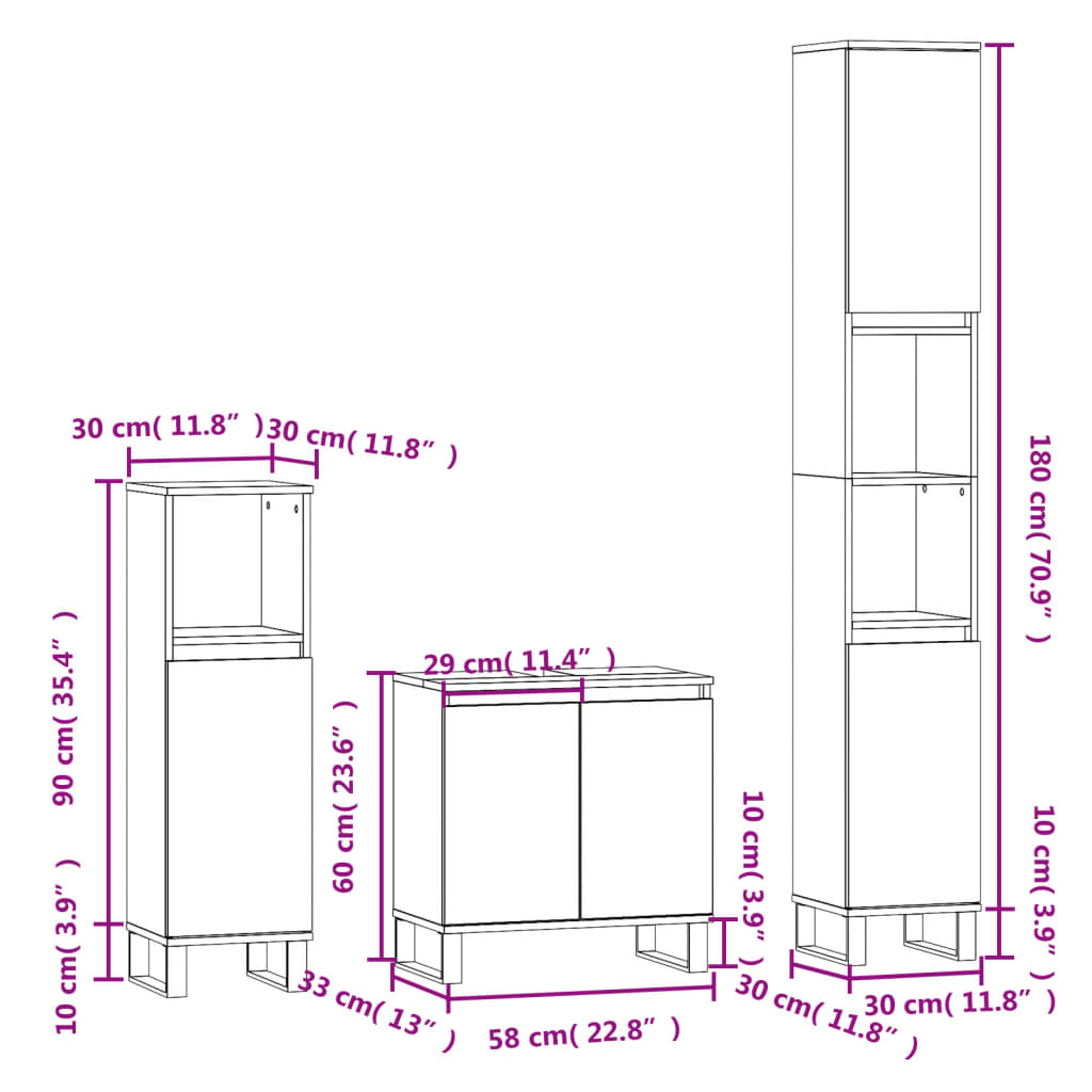 vidaXL Комплект шкафове за баня от 3 части дъб сонома инженерно дърво