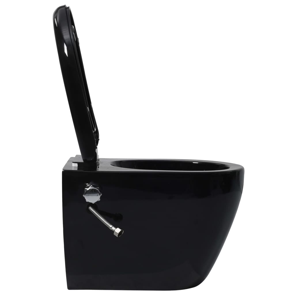 vidaXL Окачена тоалетна чиния без ръб с функция биде, керамична, черна