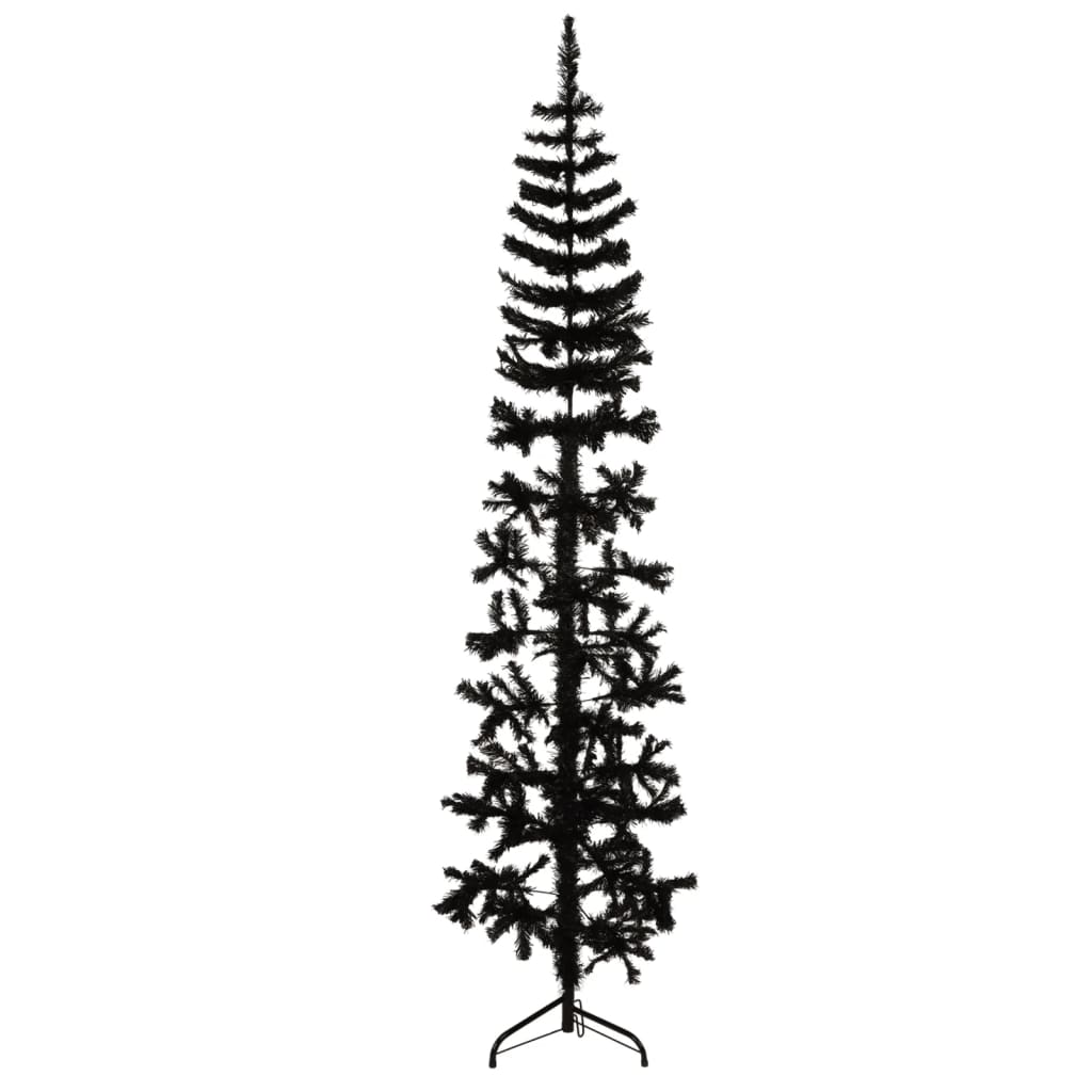 vidaXL Тънка изкуствена половин коледна елха със стойка черна 180 см