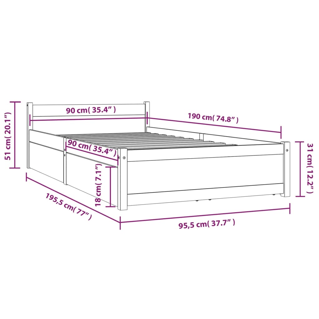 vidaXL Рамка за легло с чекмеджета, бяла, 90x190 см, Single