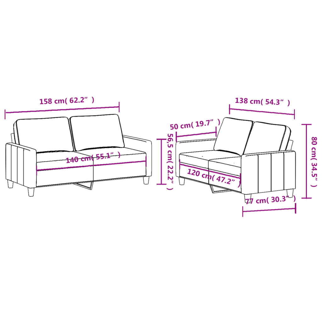 vidaXL Комплект дивани от 2 части с възглавници, виненочервен, плат