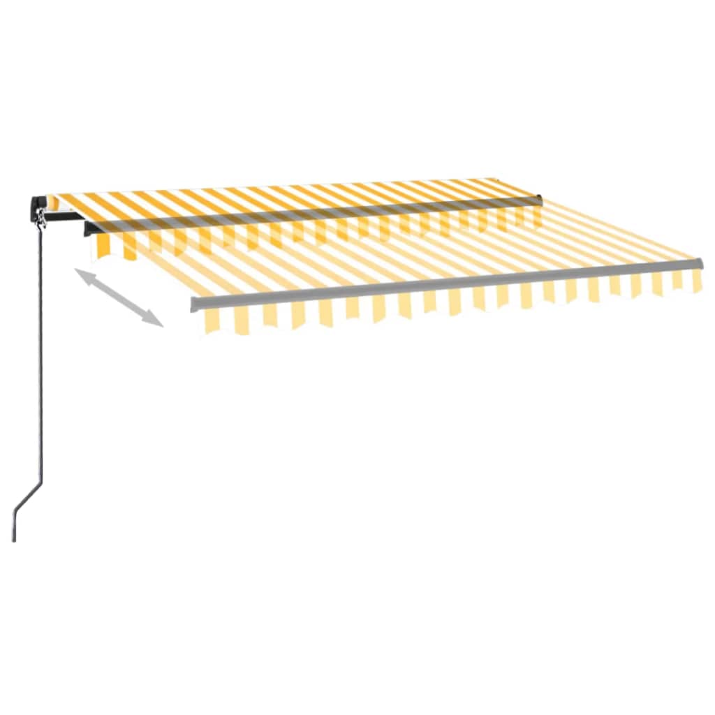 vidaXL Ръчно прибиращ се сенник с LED, 350x250 см, жълто и бяло