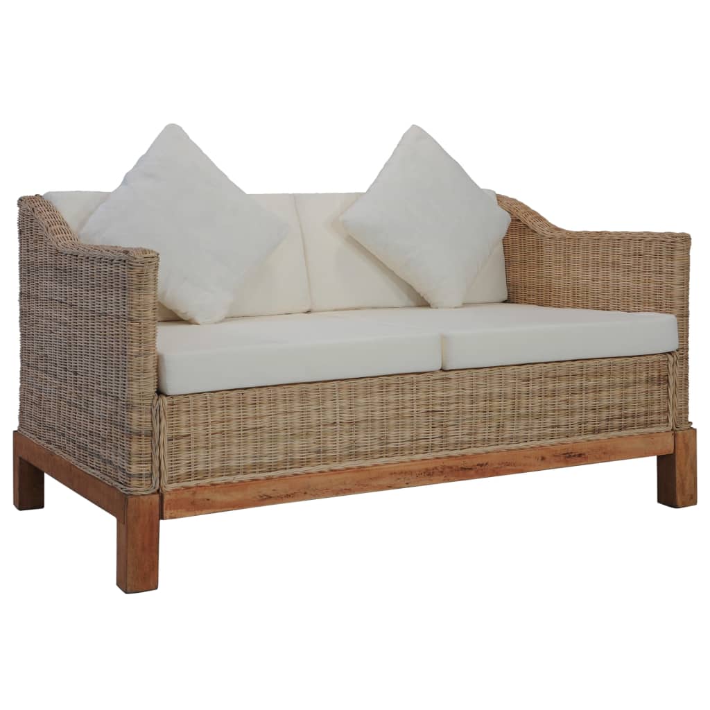 vidaXL 2-местен диван с възглавници, естествен цвят, ратан
