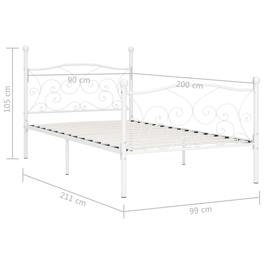 vidaXL Рамка за легло с ламелна основа, бяла, метал, 90x200 см