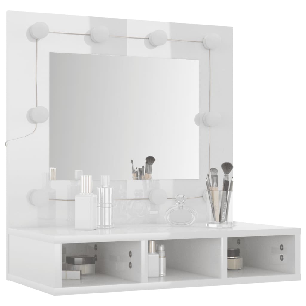 vidaXL Огледален шкаф с LED, бял гланц, 60x31,5x62 см