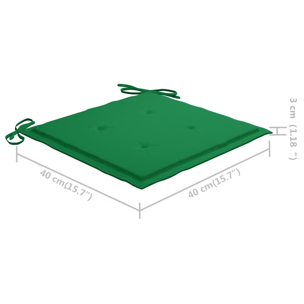 vidaXL Бистро комплект от 3 части, със зелени възглавници, тик масив