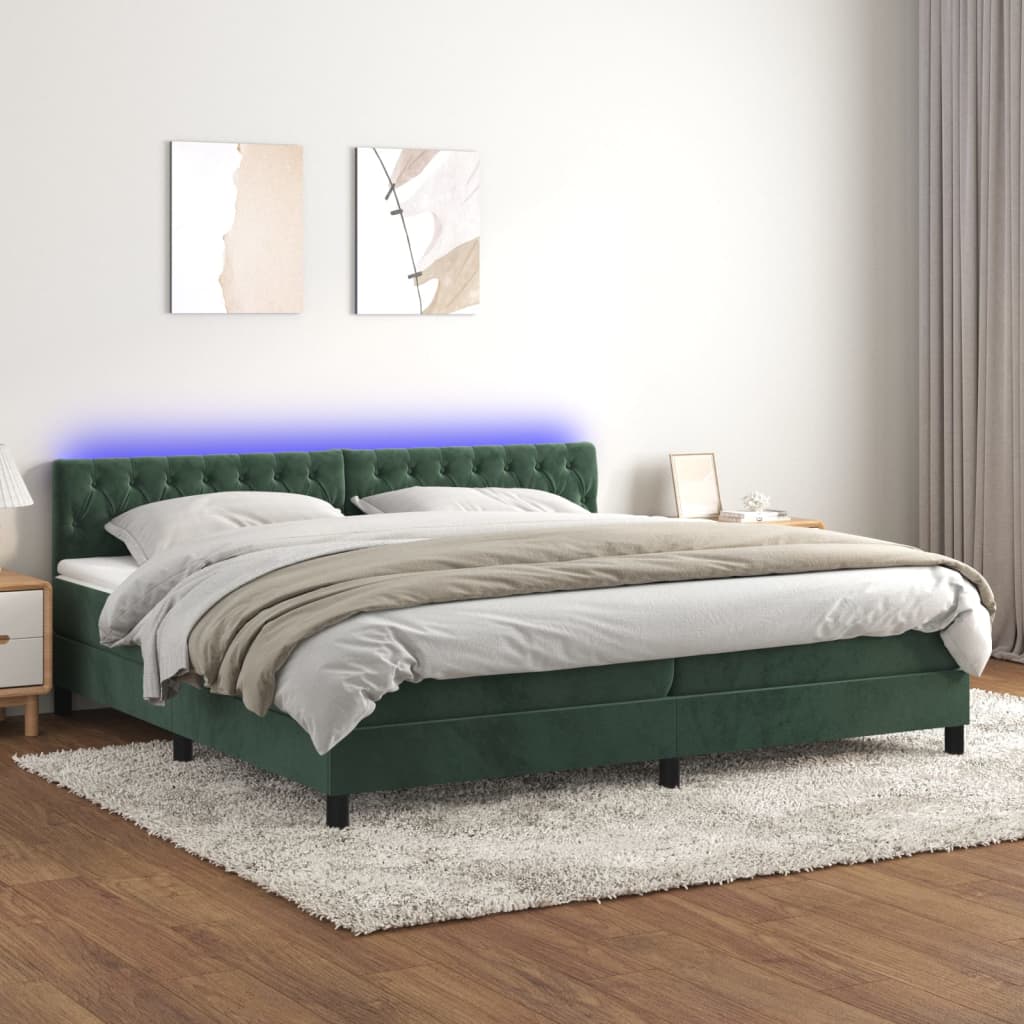 vidaXL Боксспринг легло с матрак и LED, тъмнозелено, 200x200см, кадифе