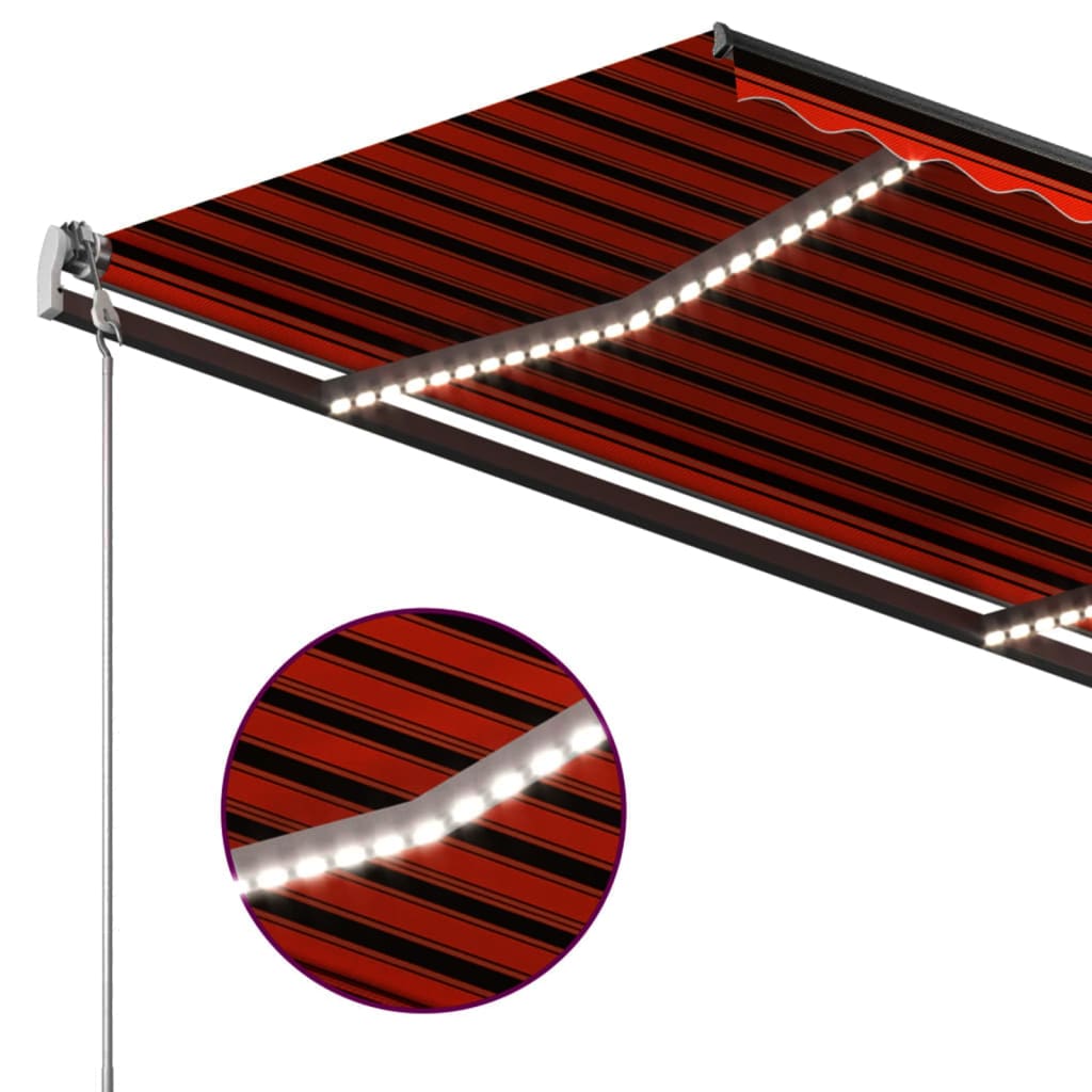 vidaXL Ръчно прибиращ се сенник с LED, 4x3 м, оранжево и кафяво