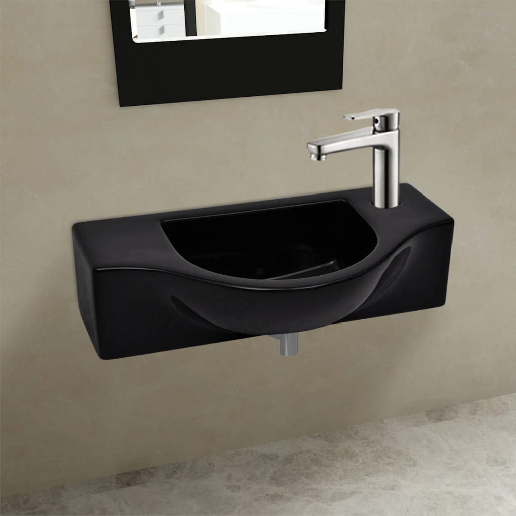 Керамична мивка за баня с отвор за смесител, черна