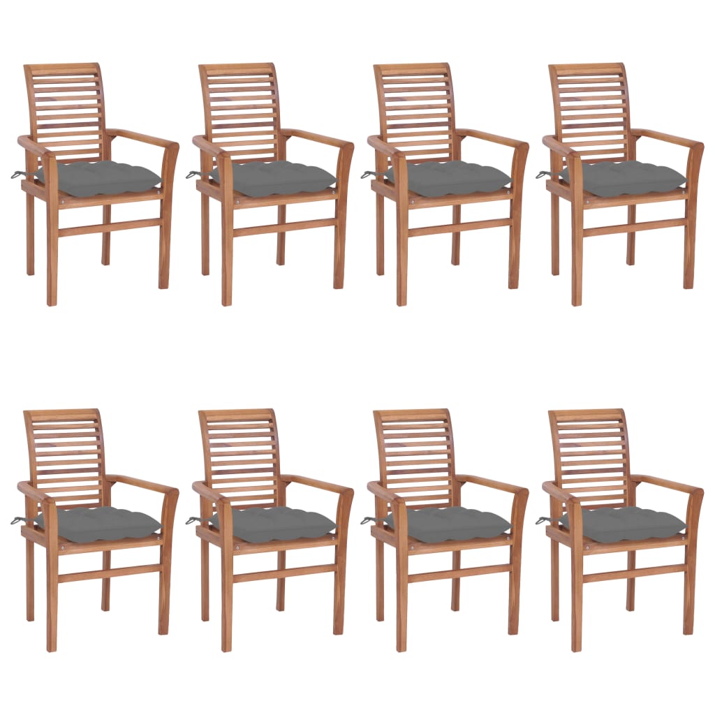 vidaXL Трапезни столове, 8 бр, със сиви възглавници, тик масив