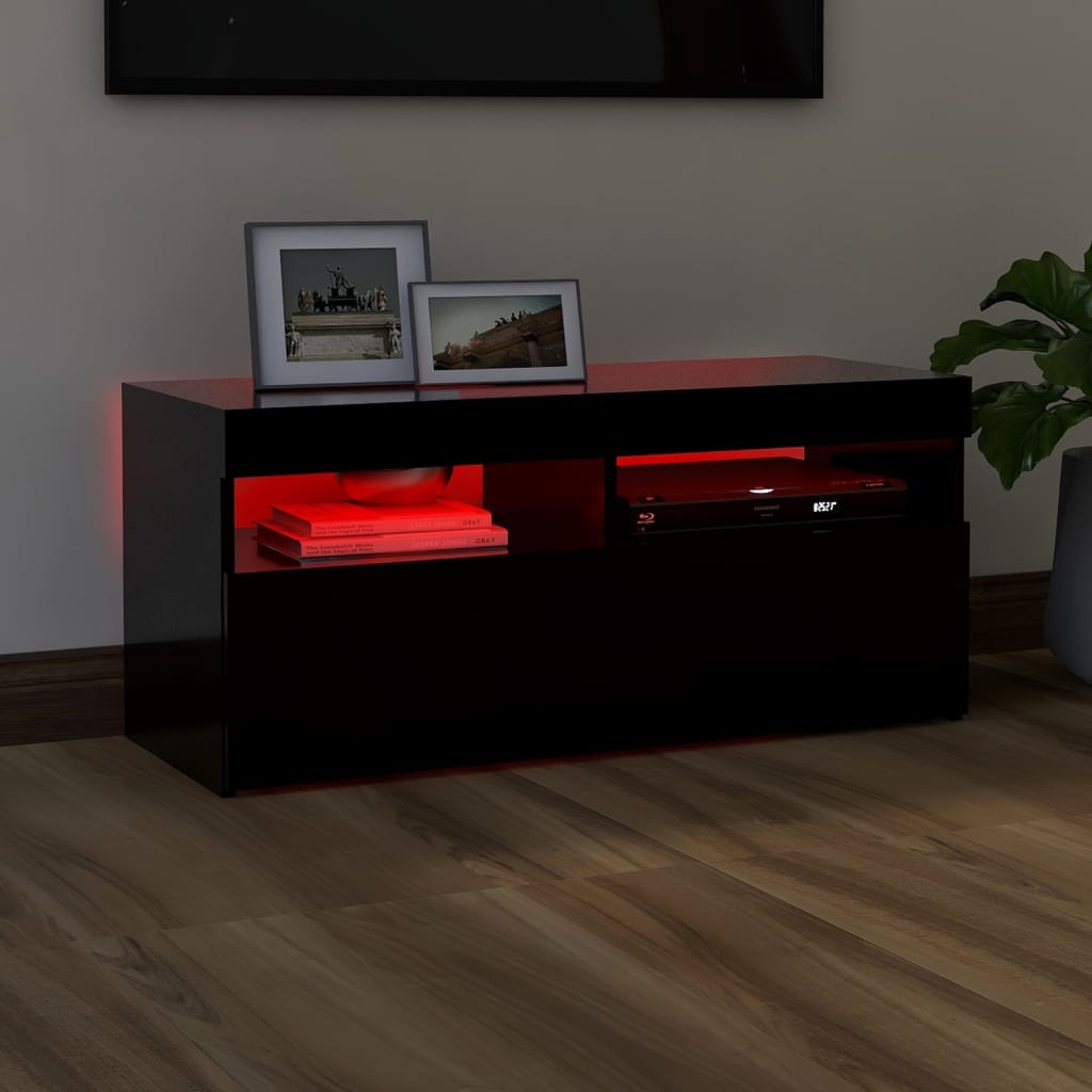 vidaXL ТВ шкаф с LED осветление, черен, 90x35x40 см