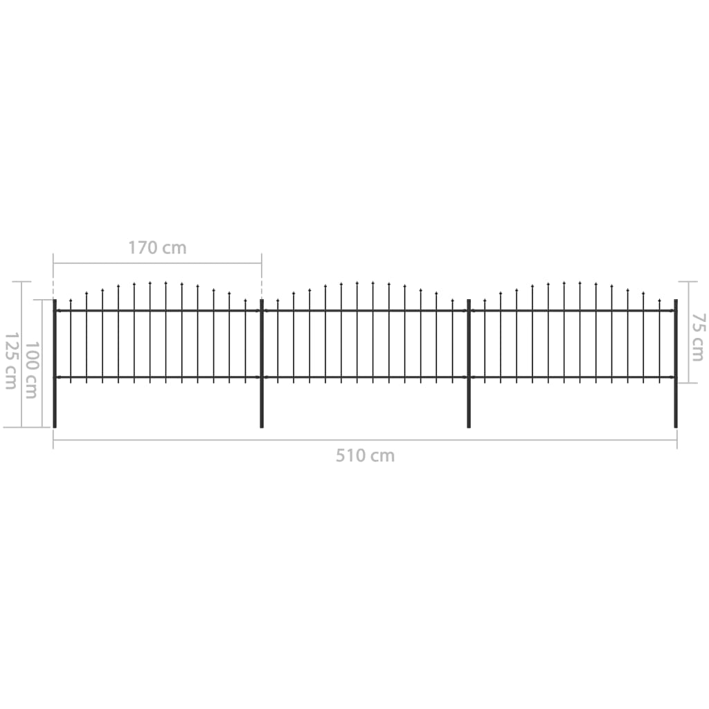 vidaXL Градинска ограда с пики, стомана, (0,5-0,75)x5,1 м, черна