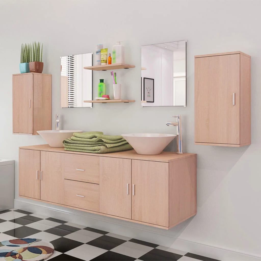 vidaXL комплект мебели от 9 части и мивка за баня, бежов цвят