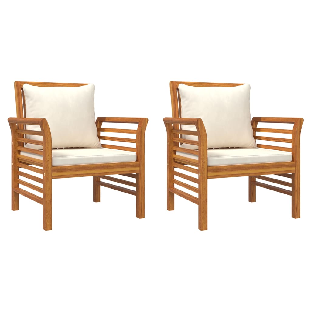 vidaXL Стол кресло с кремавобели възглавници, 2 бр, акация масив