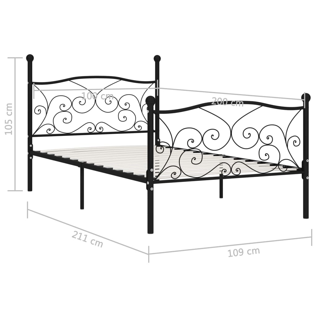 vidaXL Рамка за легло с ламелна основа, черна, метал, 100x200 см