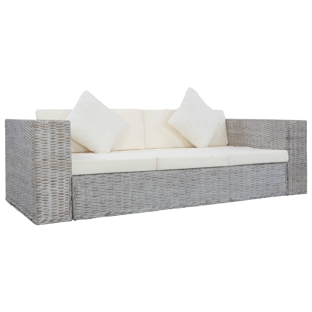 vidaXL 3-местен диван с възглавници, сив, естествен ратан