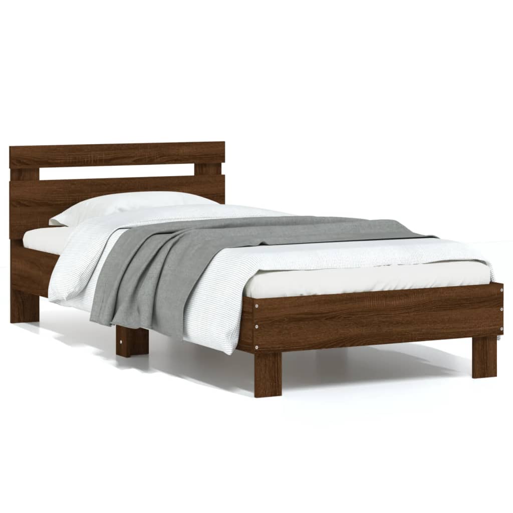 vidaXL Рамка за легло с табла, кафяв дъб, 90x200 см, инженерно дърво