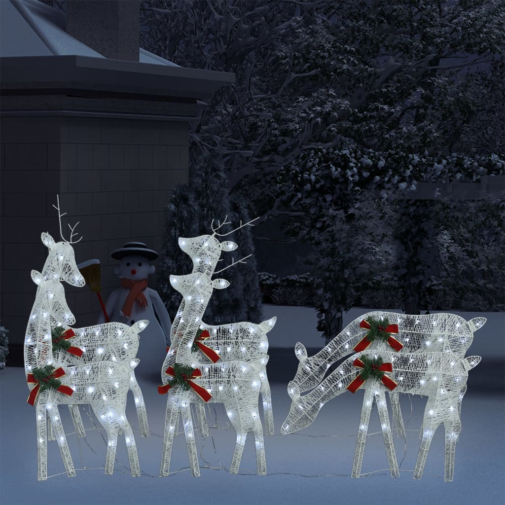 vidaXL Коледни елени, 6 бр, бели, студено бяло, мрежа