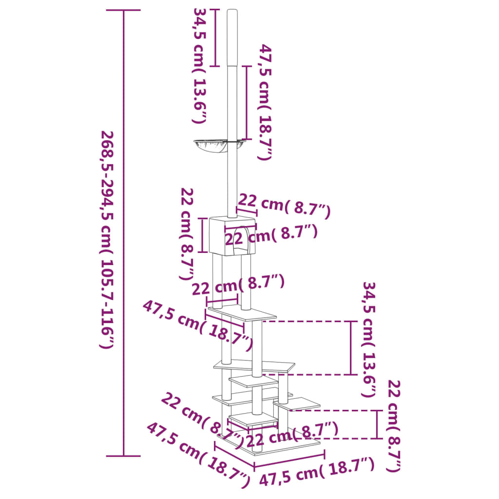 vidaXL Котешко дърво тип "от пода до тавана" тъмносиво 268,5-294,5 см