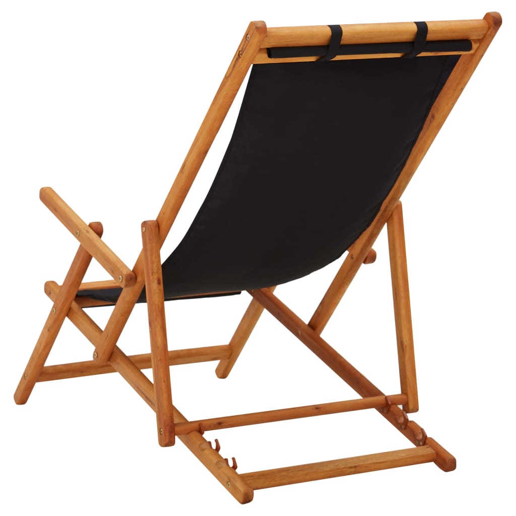 vidaXL Сгъваем плажен стол, евкалиптово дърво масив и текстил, черен