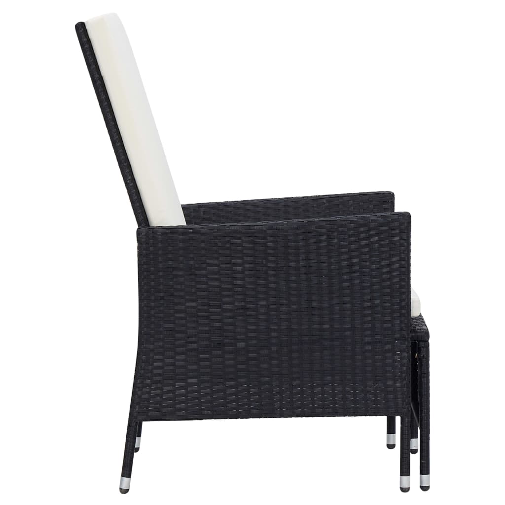 vidaXL Накланящ се градински стол с възглавници, полиратан, черен