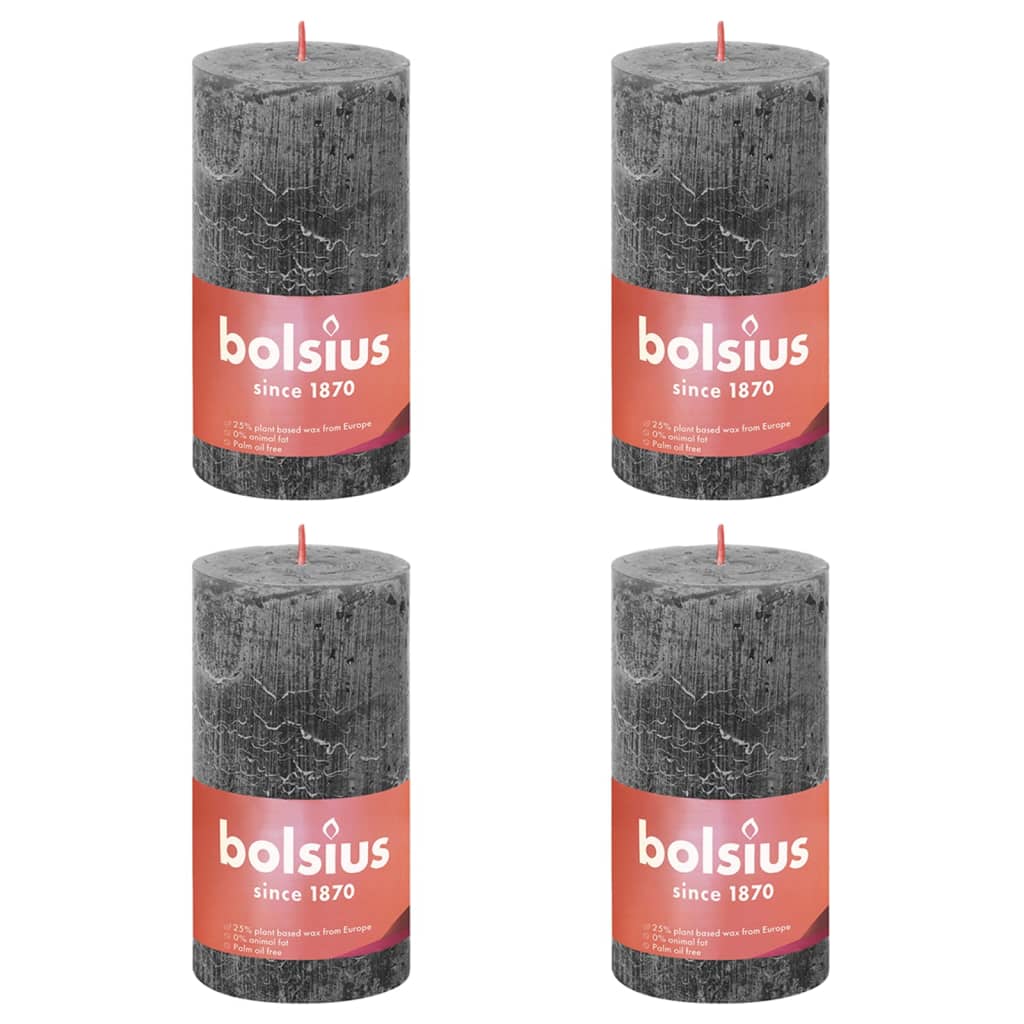 Bolsius Рустик колонни свещи Shine, 4 бр, 130x68 мм, бурно сиво