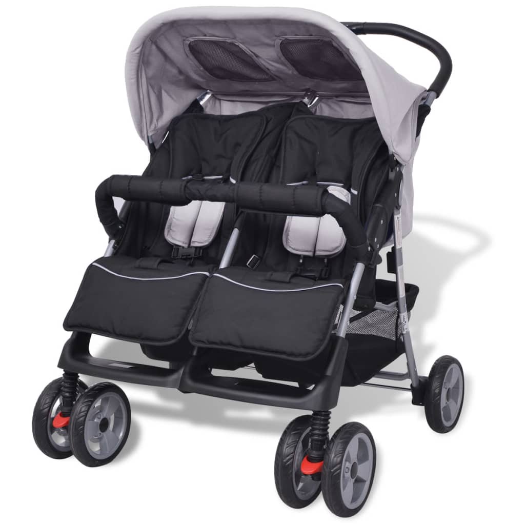 vidaXL Бебешка количка за близнаци, стомана, сиво и черно