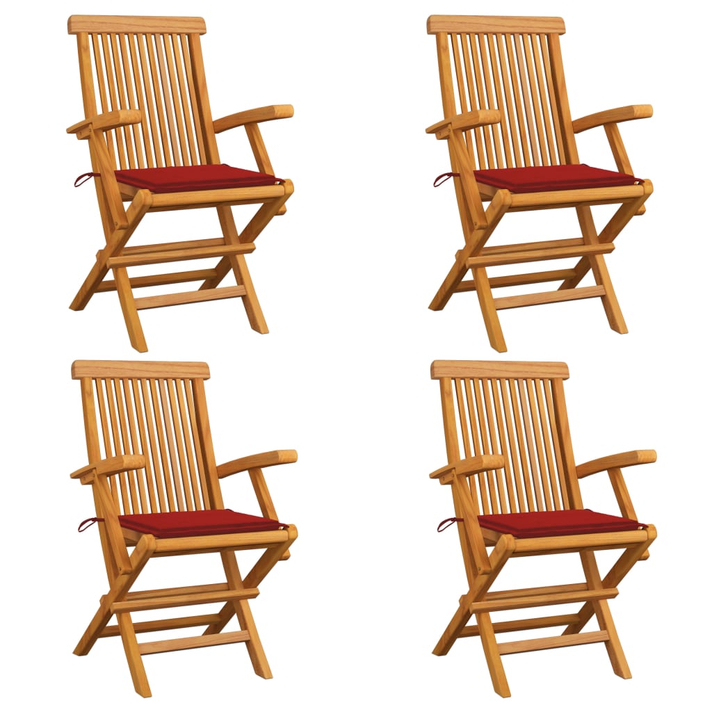 vidaXL Градински столове с червени възглавници 4 бр тиково дърво масив
