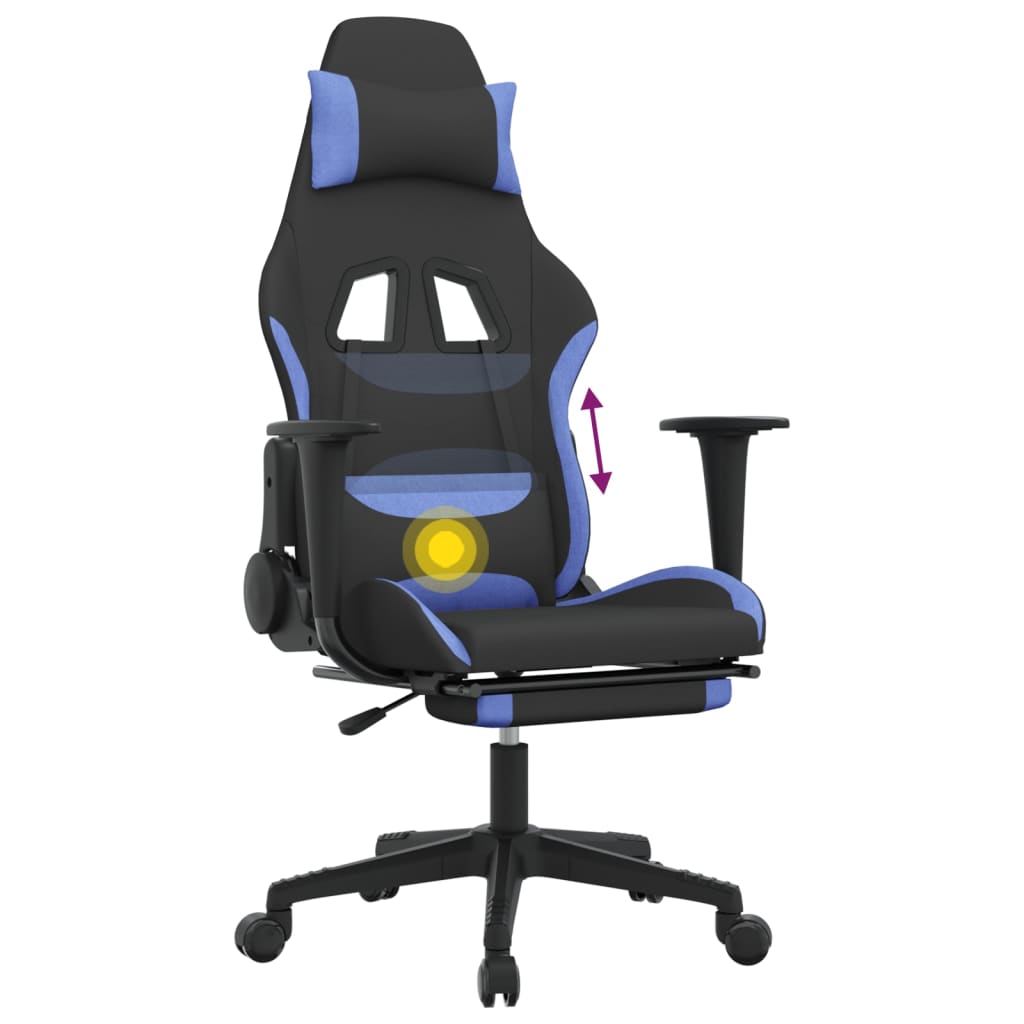 vidaXL Масажен гейминг стол с опора за крака черно и синьо плат