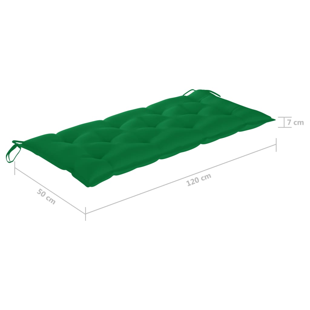vidaXL Градинска пейка със зелена възглавница, 120 см, тик масив