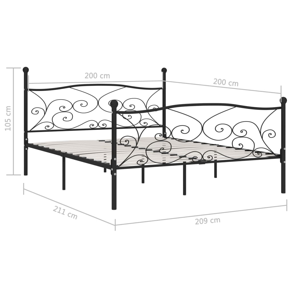 vidaXL Рамка за легло с ламелна основа, черна, метал, 200x200 см
