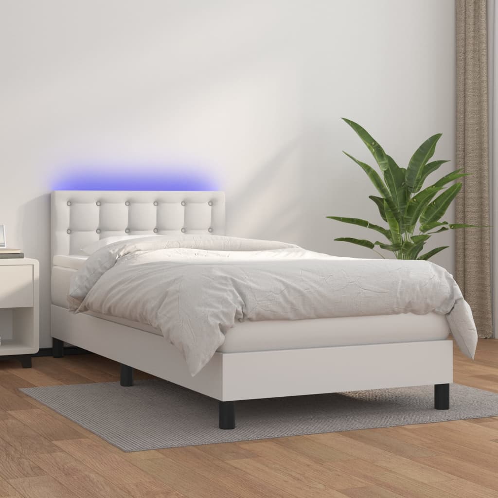 vidaXL Боксспринг легло с матрак и LED бяло 90x200 см изкуствена кожа