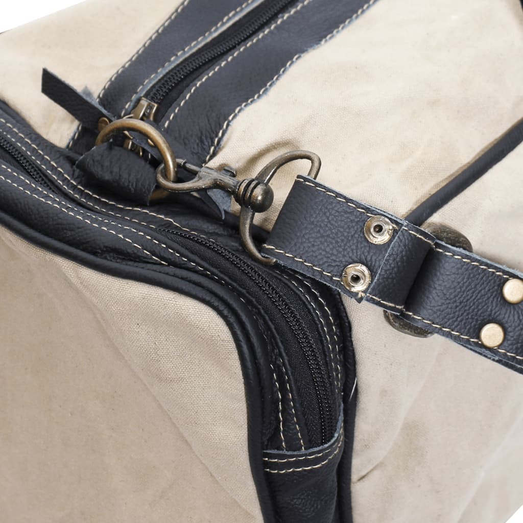 vidaXL Пътна чанта, естествена кожа и текстил, бежово
