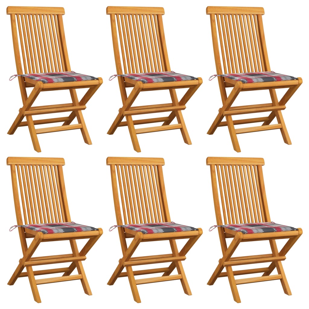 vidaXL Градински столове, възглавници с червено каре, 6 бр, тик масив