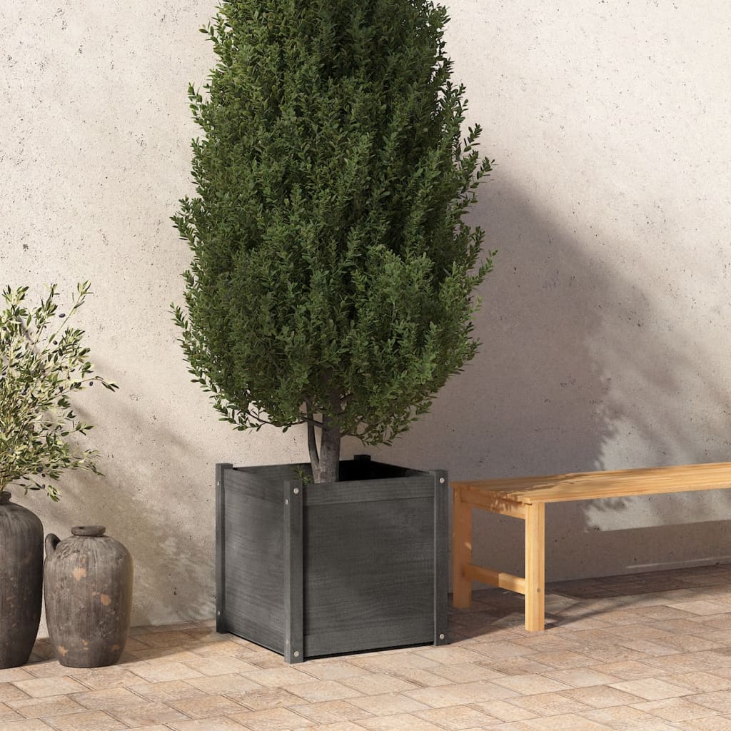 vidaXL Градински сандък, сив, 50x50x50 см, борово дърво масив