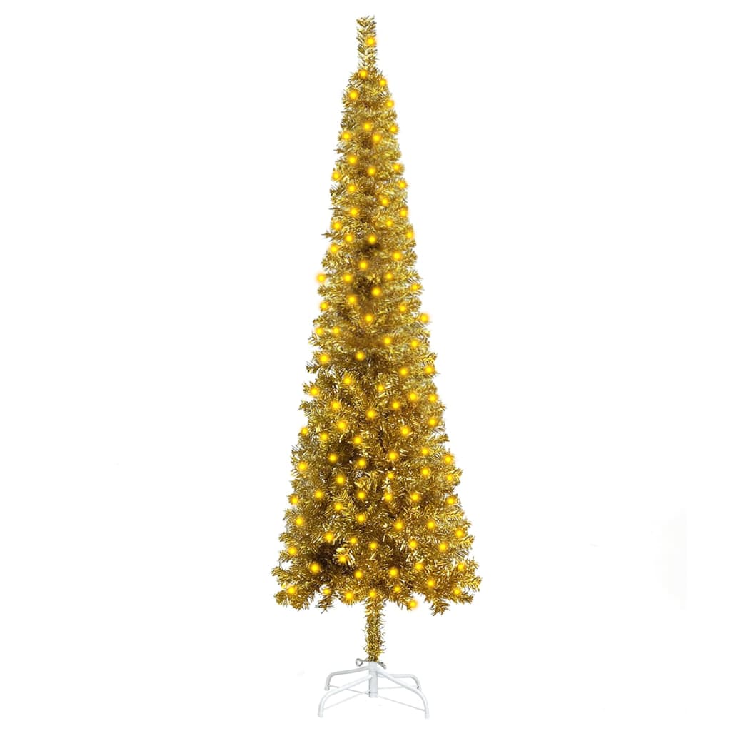 vidaXL Тънка осветена коледна елха, златиста, 150 см