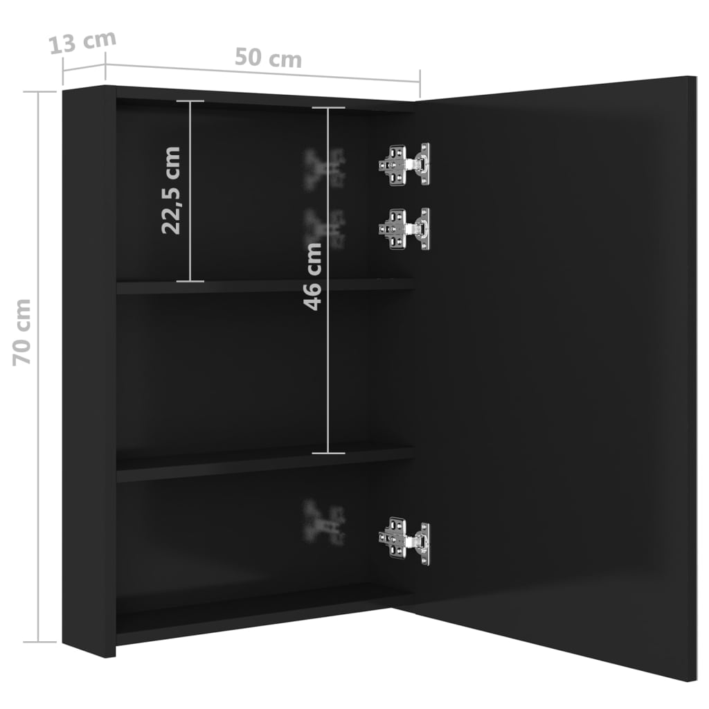 vidaXL LED шкаф с огледало за баня, сияйно черно, 50x13x70 см