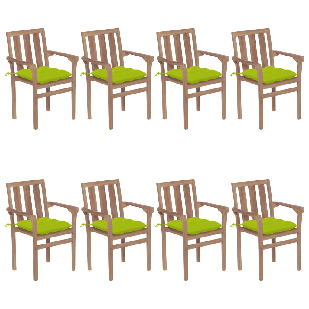 vidaXL Стифиращи градински столове с възглавници, 8 бр, тик масив