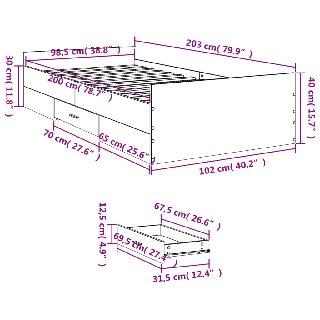 vidaXL Рамка за легло с чекмеджета, черна, 100x200 см, инженерно дърво