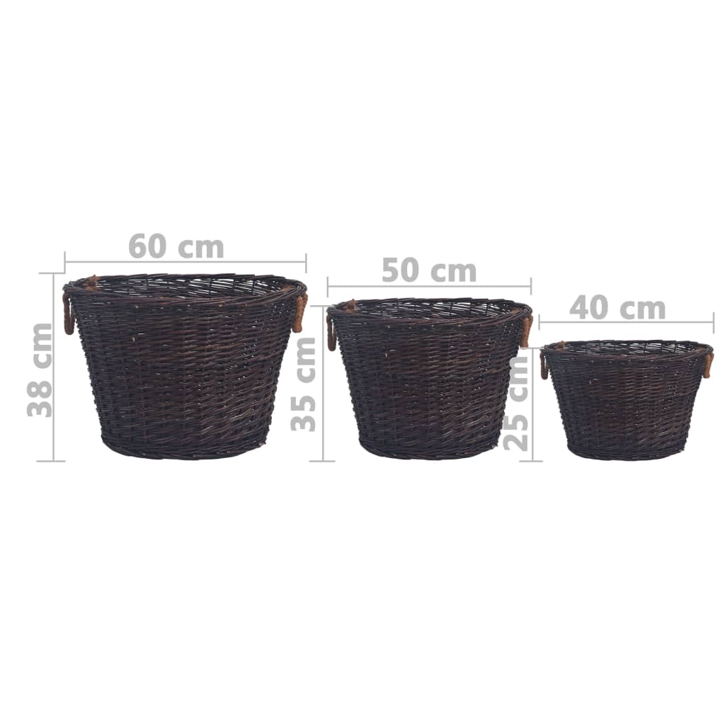 vidaXL Комплект кошници за дърва за огрев от 3 части тъмнокафяв върба