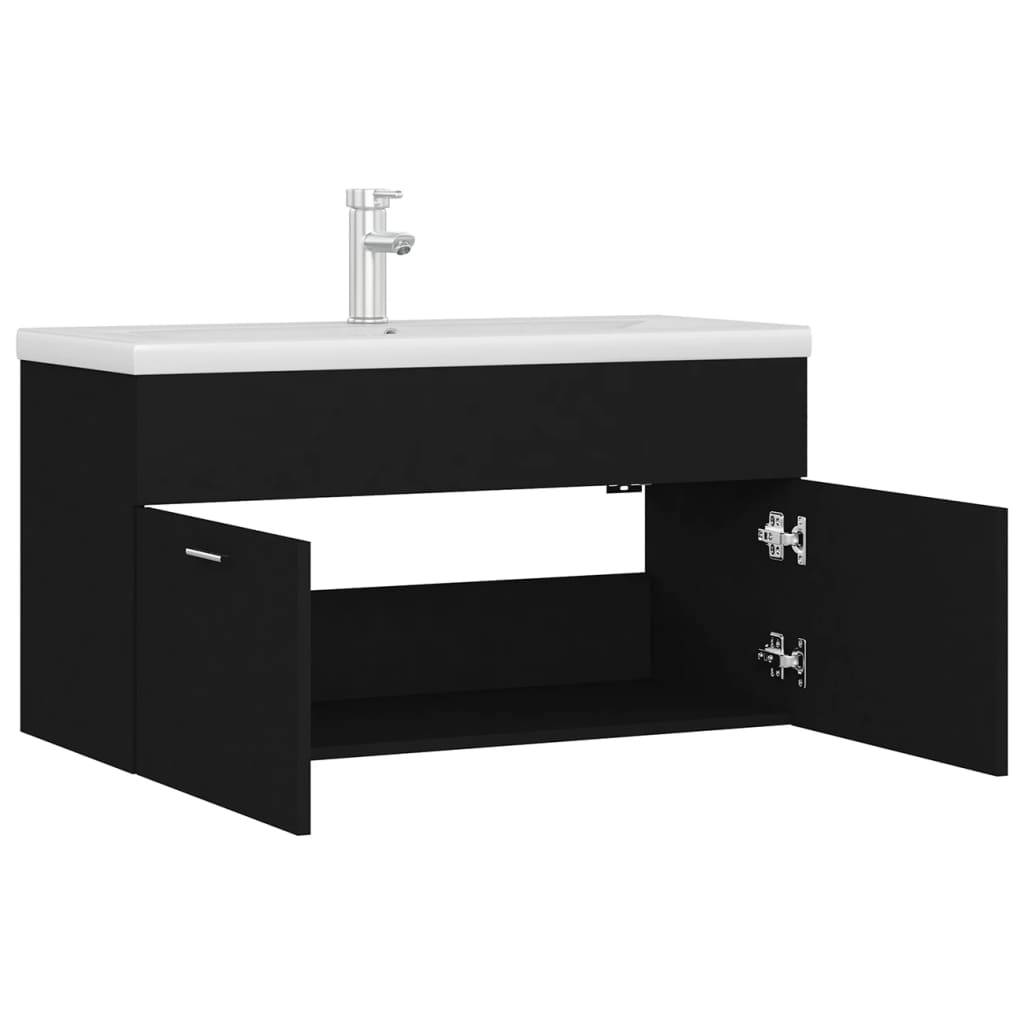 vidaXL Шкаф за баня с вградена мивка, черен, ПДЧ