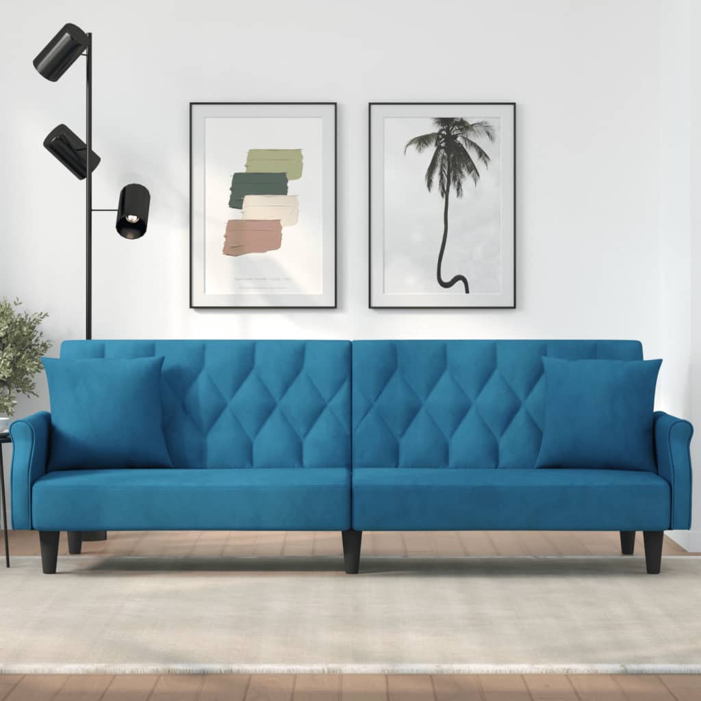 vidaXL Разтегателен диван с подлакътници, син, кадифе