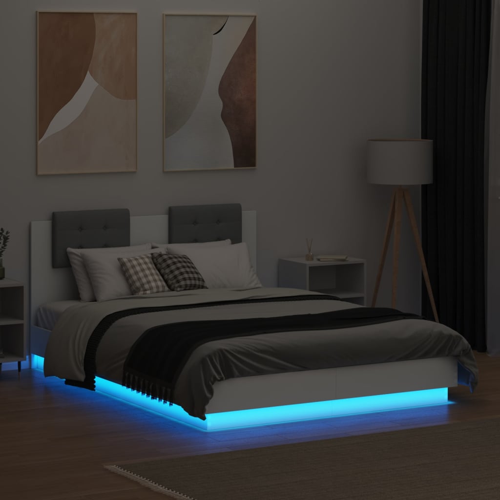 vidaXL Рамка за легло с табла и LED осветление, бяла, 120x190 см