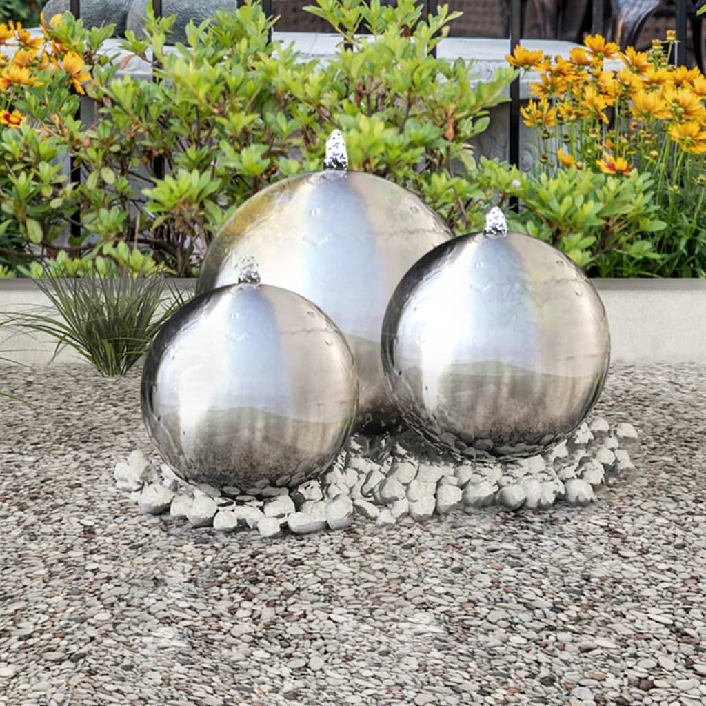 vidaXL Градински сфери за фонтан с LED, 3 бр, неръждаема стомана