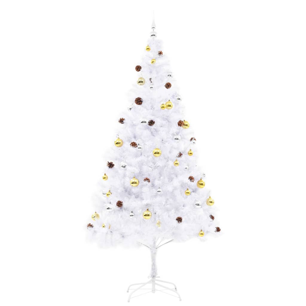 vidaXL Изкуствена готова осветена коледна елха с топки бяла 210 см