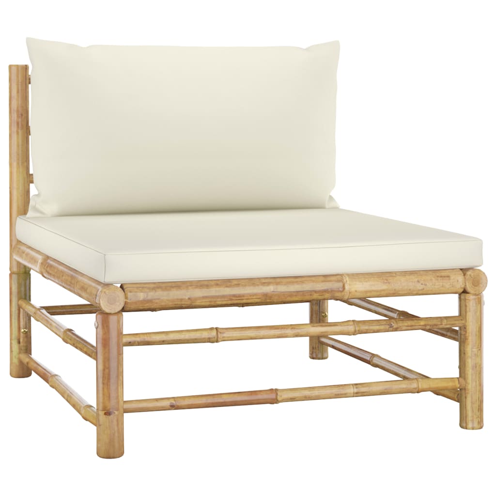 vidaXL Градински среден диван с кремавобели възглавници бамбук