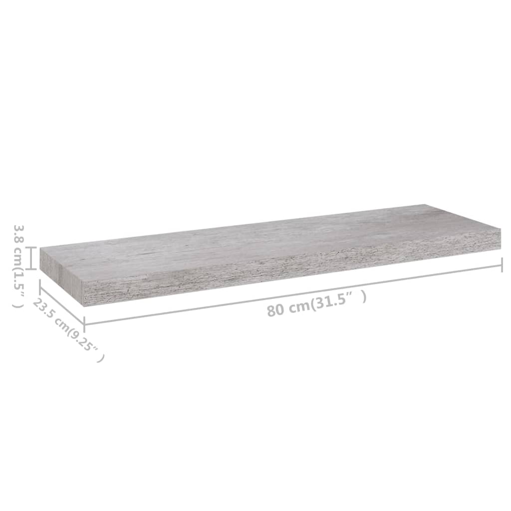 vidaXL Окачени стенни рафтове, 2 бр, бетонно сиви, 80x23,5x3,8 см, МДФ