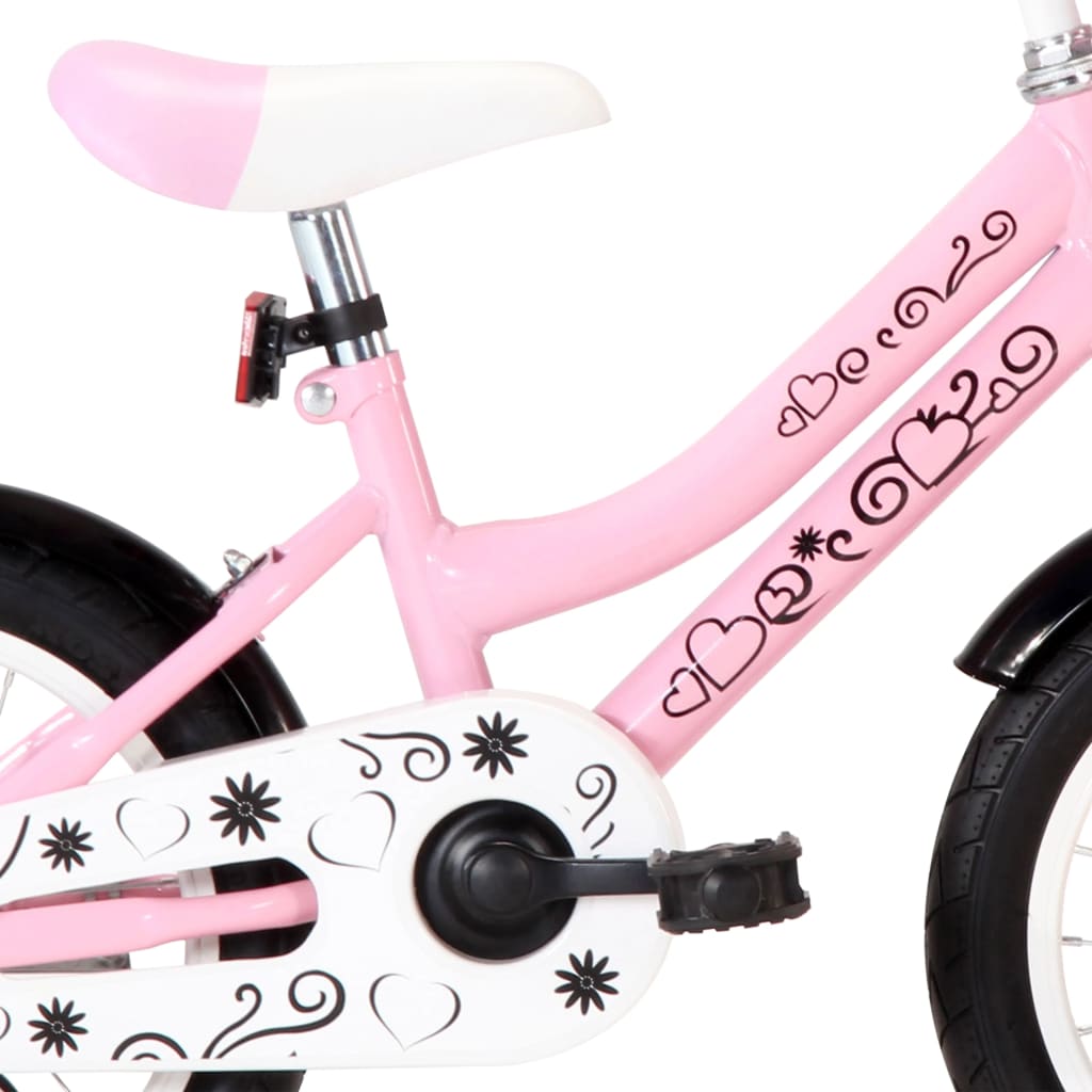 vidaXL Детски велосипед с преден багажник, 14 цола, бяло и розово