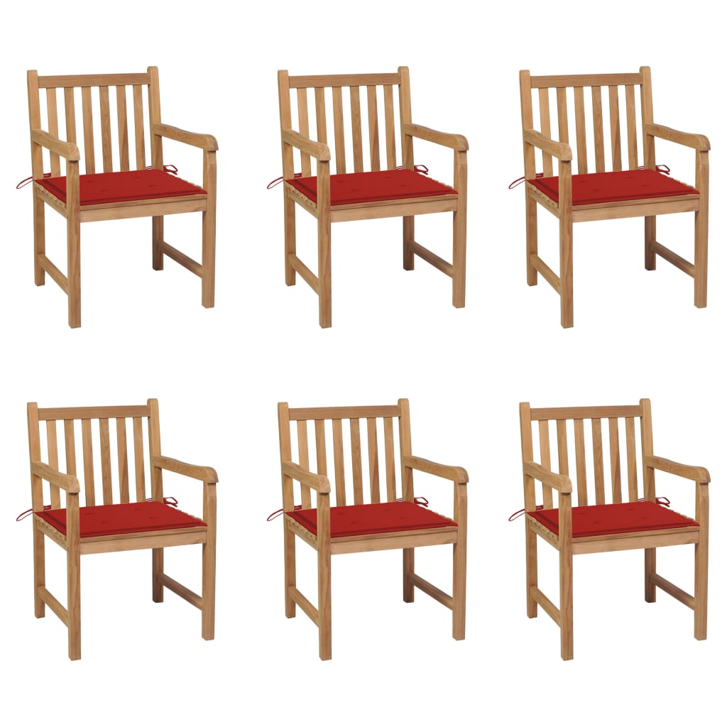 vidaXL Градински столове, 6 бр, червени възглавници, тик масив