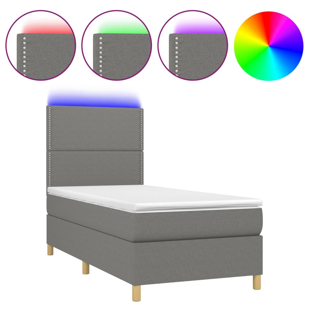 vidaXL Боксспринг легло с матрак и LED, тъмносива, 90x200 см, плат
